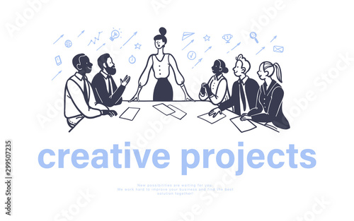 Multiracial office people sitting at table discussing business projects on white background. Hand drawn doodle sketch style. Creative projects concept, team work, partnership. Vector illustration.
