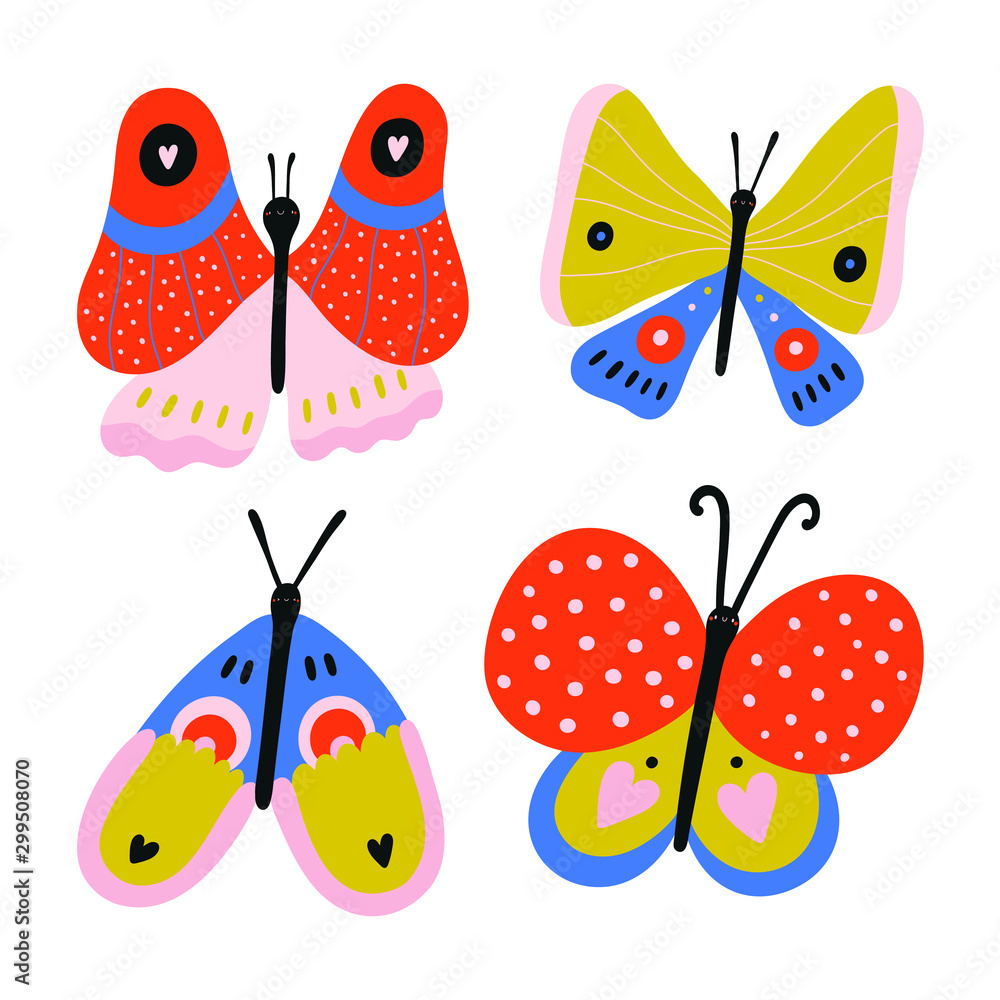 Vector set of 4 hand drawn Butterflies. Cute hand drawn insects in a Cartoon Naive stye. Bright and beautiful Butterfly illustration. Vector set of 4 hand drawn Butterflies. Cute hand drawn insects in a Cartoon Naive stye. Bright and beautiful Butterfly illustration.