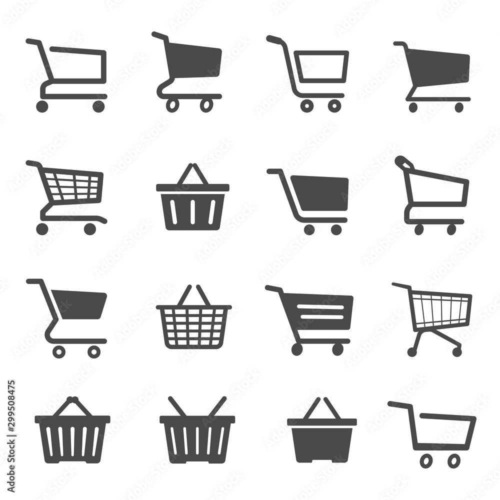 Shopping cart black and white glyph icons set