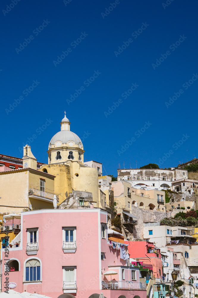  characteristic houses of Procida with tourists and inhabitants - Italy