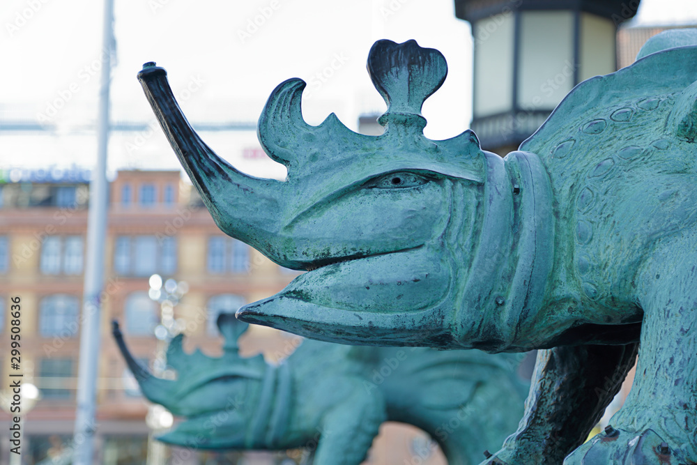 Bronze dragon statue in front of the Copenhagen City Hall, Denmark