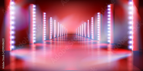 Long illuminated stage during the show. Fashion runway. Red background. Vector illustration.