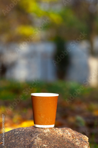 Disposable coffee glasses blurred forest park background.