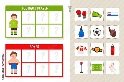Matching children educational game. Learning cards. Match objects and professions. Activity for pre sсhool years kids and toddlers.