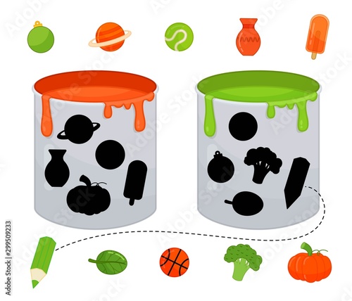 Matching children educational game. Match objects and paint cans by color. Activity for pre sсhool years kids and toddlers.