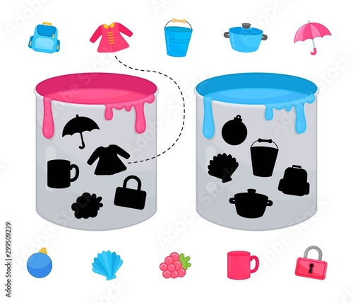 Matching children educational game. Match objects and paint cans by color. Activity for pre sсhool years kids and toddlers.