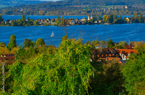 Early autumn on Lake Constance. View from a hill above the village Allensbach on the western Lake Constance with the island Reichenau on a really rare clear day.