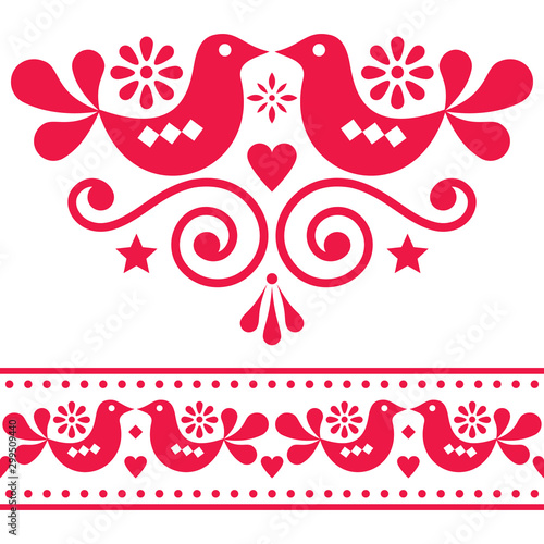 Scandinavian folk vector design elements, cute floral design with birds in red on white background
