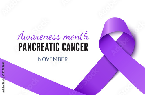 Pancreatic cancer awareness month banner template. International disease solidarity campaign. Medical sickness tolerance poster layout. Purple color silk ribbon illustration with typography