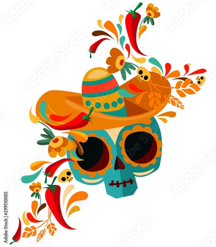 Day of the Dead poster Vector Illustration, Decor skull and bones, cartoon character. Dia de Los Muertos.