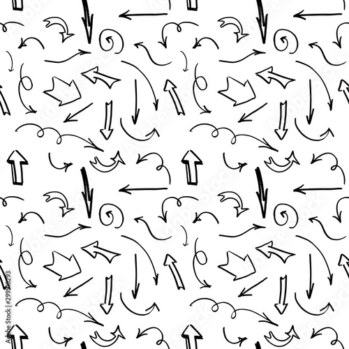 Seamless background of hand drawn arrows. Vector pattern  black doodle elements on white.