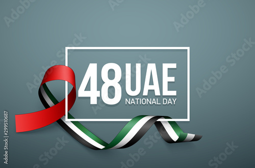 48 National day banner with realistic UAE ribbon flag. holiday illustration card 48 UAE National day Spirit of the union United Arab Emirates, Flat design Logo Anniversary Celebration Abu Dhabi Card