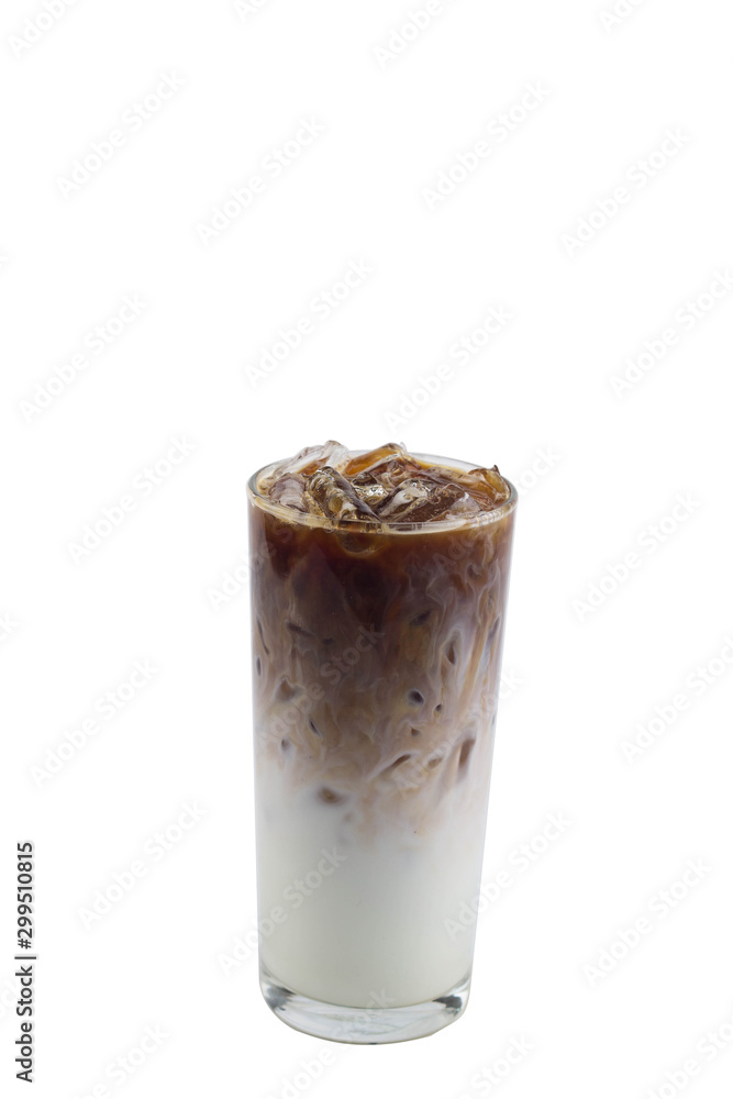 Isolate Iced Coffee on white background with clipping Path. Di cuted Long tall glass inside with Fresh Iced Caramel Macchiato Isolate Iced Coffee on white background with clipping Path. Di cuted Long tall glass inside with Fresh Iced Caramel Macchiato