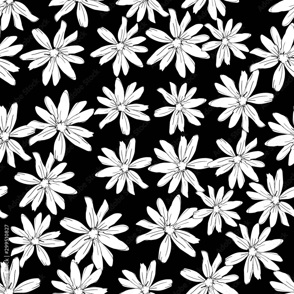 Hand drawn black and white flowers print for textile. Monochrome floral pattern seamless. Vector. Hand drawn black and white flowers print for textile. Monochrome floral pattern seamless. Vector.