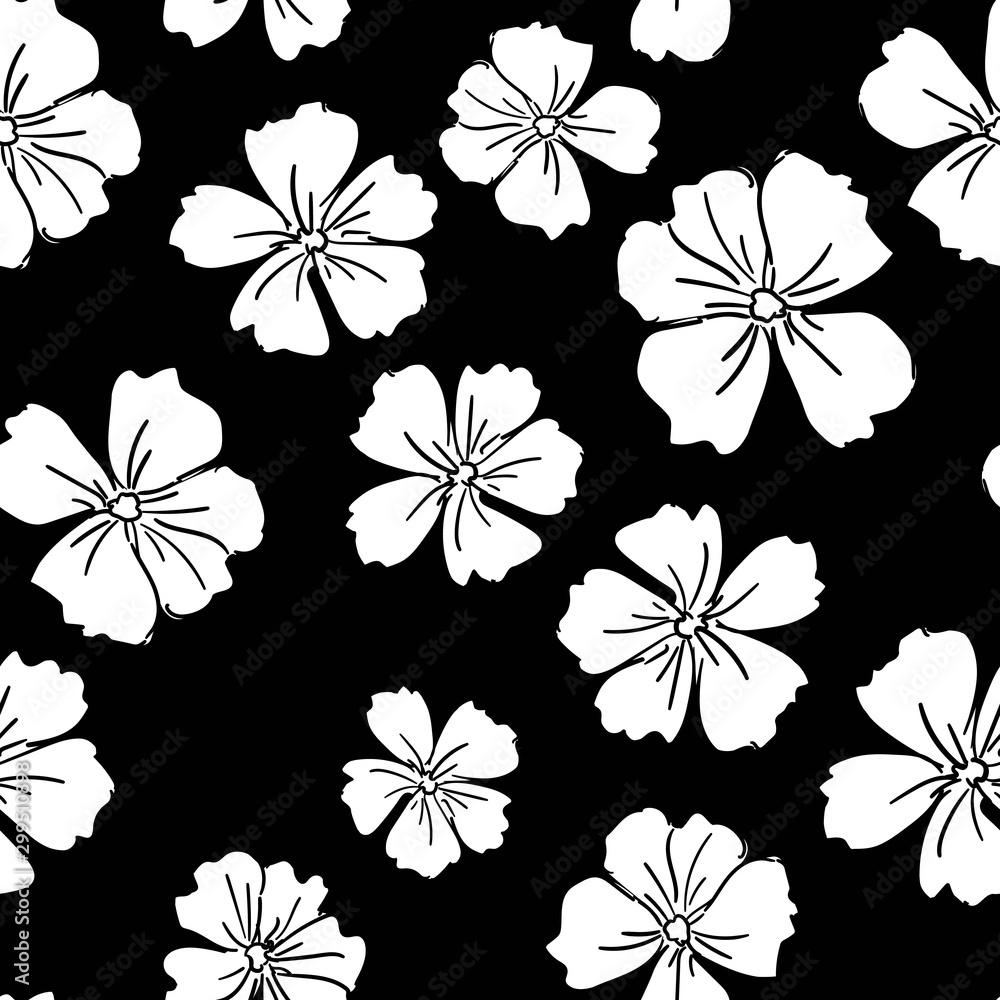 Hand drawn black and white flowers print for textile. Monochrome floral pattern seamless.
