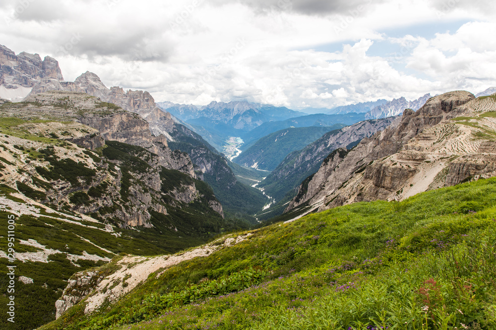 Dolomites, Italy - July, 2019: Mountains trails to Tre Cime di Lavaredo Dolomites