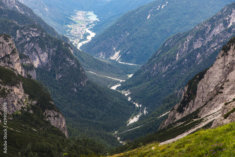 Fototapeta premium Dolomites, Italy - July, 2019: Mountains trails to Tre Cime di Lavaredo Dolomites