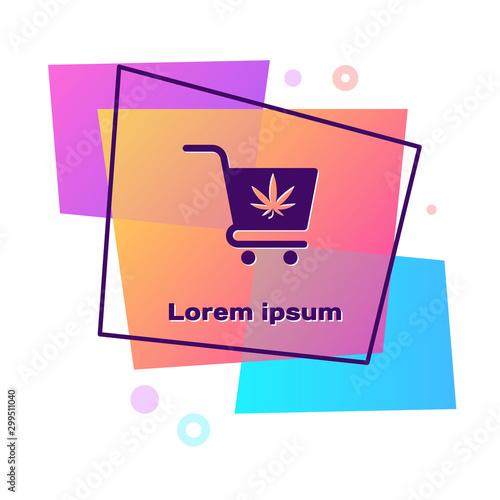 Purple Shopping cart with marijuana or cannabis leaf icon isolated on white background. Online buying. Delivery service. Supermarket basket. Color rectangle button. Vector Illustration
