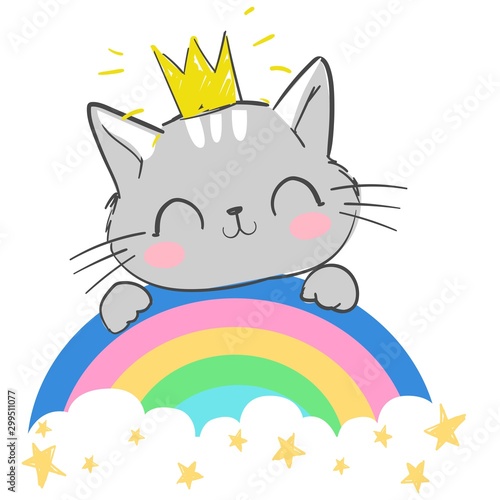 Cat sits on a rainbow. Beautiful illustration for children. Print for t-shirts, pajamas. Vector.