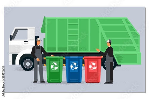 Two garbagemen working together on emptying dustbins for trash removal.Garbage truck and dustmen. Illustration in flat style