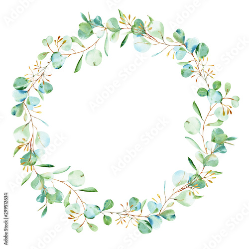 Watercolor eucalyptus wreath in blue and green colours.  Silver dollar eucalyptus. Hand painted floral illustration with green leaves isolated on white background. For wedding  design or print.