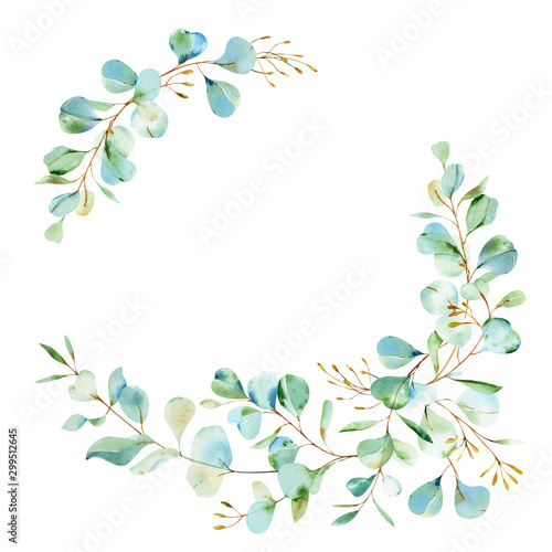 Watercolor eucalyptus wreath in blue and green colours. Silver dollar eucalyptus. Hand painted floral illustration with green leaves isolated on white background. For wedding, design or print.