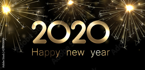 Happy New Year 2020 banner with golden sparkling firework.