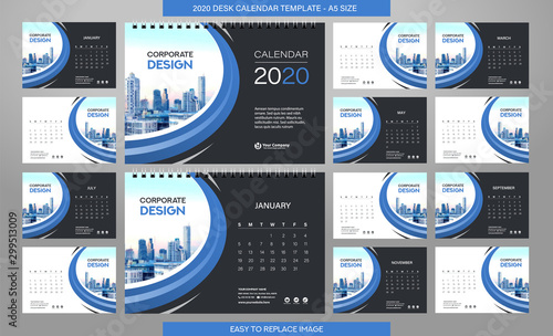 Desk Calendar 2020 template - 12 months included - A5 Size