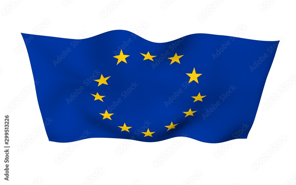 Slightly waving flag of the European Union isolated on white background, 3D rendering. Symbol of Europe. 3D illustration Slightly waving flag of the European Union isolated on white background, 3D rendering. Symbol of Europe. 3D illustration
