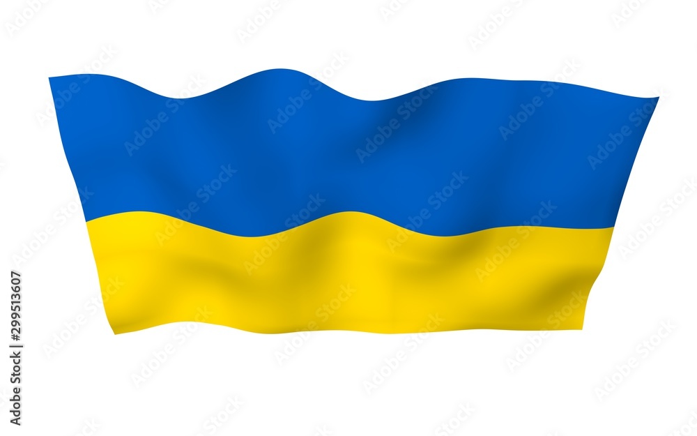 The flag of Ukraine on a white background. National flag and state ensign. Blue and yellow bicolour. 3D illustration waving flag The flag of Ukraine on a white background. National flag and state ensign. Blue and yellow bicolour. 3D illustration waving flag