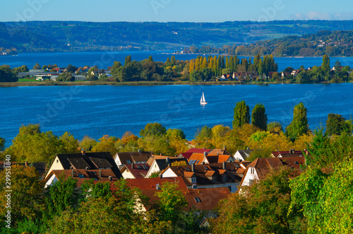 Early autumn on Lake Constance. View from a hill above the village Allensbach on the western Lake Constance with the island Reichenau on a really rare clear day. photo