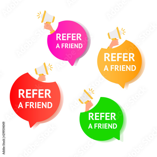 Referral trendy icon set of Air gradient message bubbles with referral program text and microphone on a white background.
