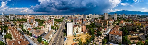 Amazing aerial panorama from a drone of city Sofia with stormy clouds, Bulgaria