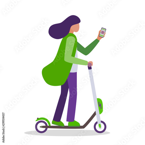 Cheerful young slim girl rides a lime green electric scooter and looks at the phone for navigation. A woman rides a rented kick scooter and looks at the app by sharing isolated on a white background