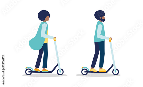 Young african american guy and girl ride on black and white electro kick scooters isolated on a white background. Man and woman - couple have fun together. Vector illustration