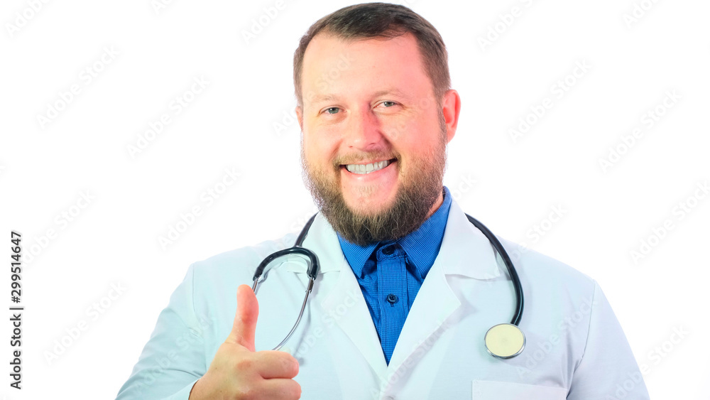 Nice chubby doctor with a beard in a white coat dancing on a white isolated background Nice chubby doctor with a beard in a white coat dancing on a white isolated background