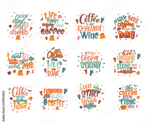 Quote coffee lettering set. Cafe lettering for menu, card, banners. Hand drawn calligraphy. Graphic design vector illustration
