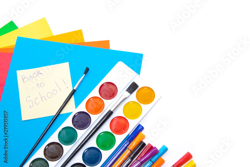 Stationery isolated on white background . Color paper. White background. Hello school. The layout of the stationery. Layout preparation for school