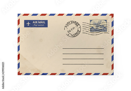Old yellow paper envelope for letter - American Air Mail style with blue and red border stamped. Front side of envelope.