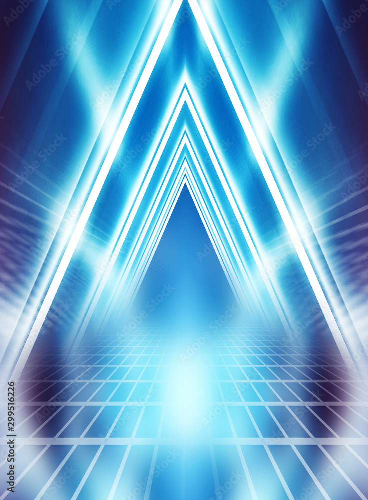 Fototapeta premium Empty background scene. Dark street reflection on wet asphalt. Rays of neon light in the dark, neon shapes, smoke. Background of an empty stage show. Abstract dark background.