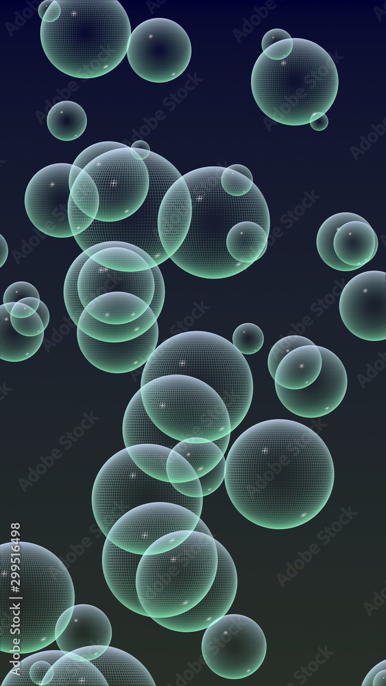 Dark background green mesh bubbles. Wallpaper, texture with bubble. 3D illustration