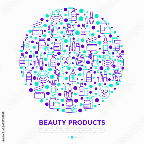 Beauty products concept in circle thin line icons set  skin care  cream  gel  organic cosmetics  make up  soap dispenser  nail care  beauty box  deodorant  sheet mask. Modern vector illustration.