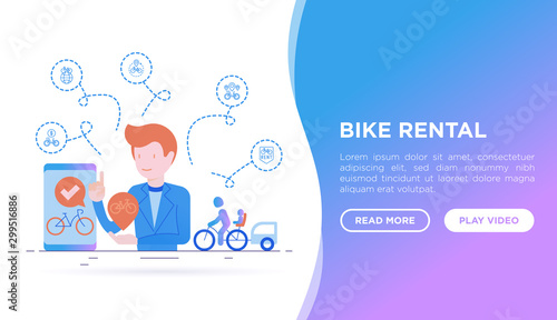 Bike rental mobile app. Web page template with thin line icons: rates, bicycle tours, pet trailer, padlock, helmet, child seat, sharing, pointer. Modern vector illustration.
