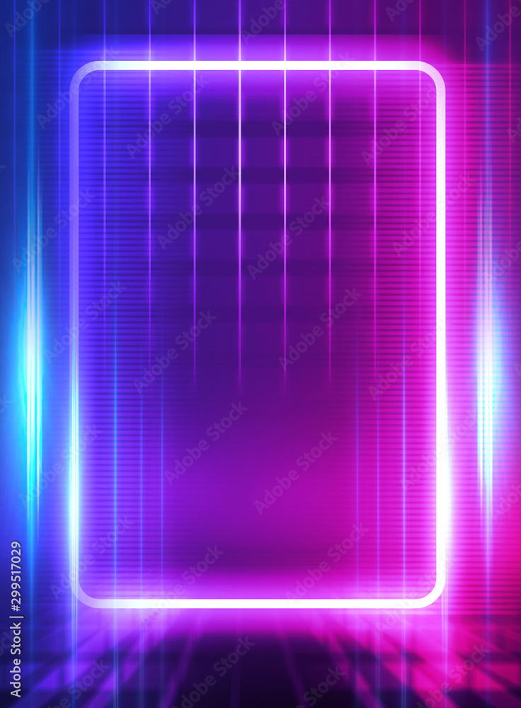 Empty background scene. Dark street reflection on wet asphalt. Rays of neon light in the dark, neon shapes, smoke. Background of an empty stage show. Abstract dark background. Empty background scene. Dark street reflection on wet asphalt. Rays of neon light in the dark, neon shapes, smoke. Background of an empty stage show. Abstract dark background.