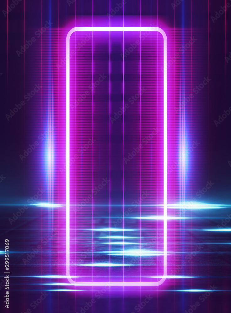 Empty background scene. Dark street reflection on wet asphalt. Rays of neon light in the dark, neon shapes, smoke. Background of an empty stage show. Abstract dark background. Empty background scene. Dark street reflection on wet asphalt. Rays of neon light in the dark, neon shapes, smoke. Background of an empty stage show. Abstract dark background.