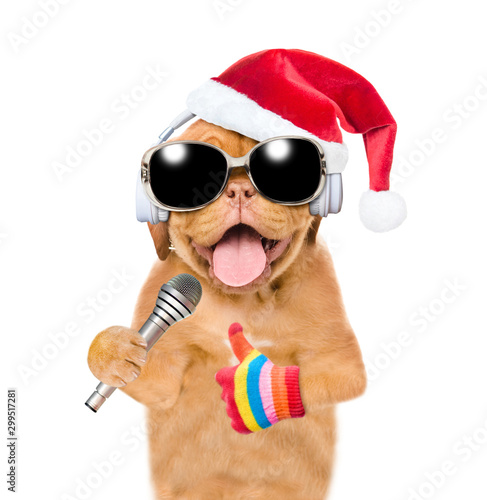 Happy puppy with headphones wearing a sunglasses and red christmas hat holds microphone and shows thumbs up gesture. isolated on white background