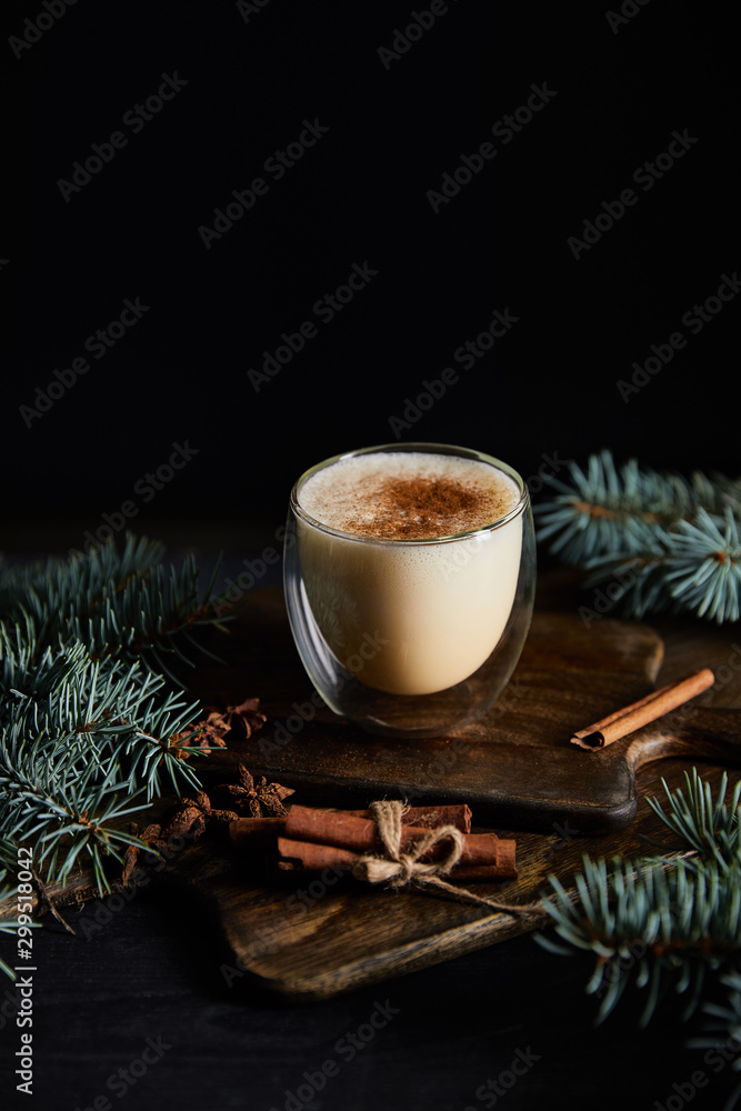 flavored eggnog cocktail on chopping board, cinnamon sticks and spruce branches isolated on black flavored eggnog cocktail on chopping board, cinnamon sticks and spruce branches isolated on black