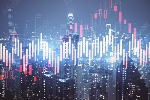 Double exposure of forex chart drawings over cityscape background. Concept of success.