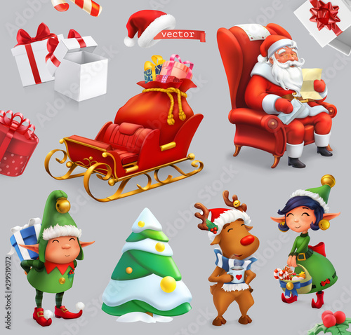 Christmas and New Year. Santa Claus, sleigh, gifts, deer, elves, christmas tree. 3d vector icon set