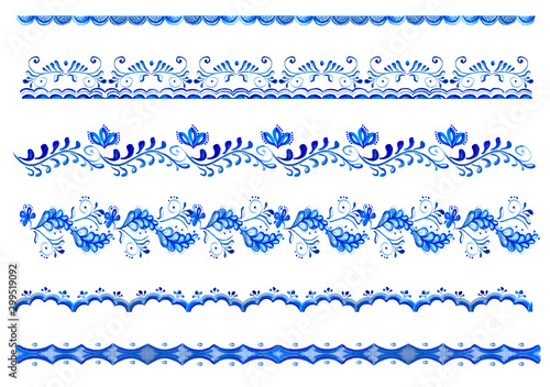 Watercolor seamless border with blue floral, flowers in folk gzhel style. Hand drawn decor for greeting, christmas, wedding, celebrate design  Elegant lace frame.  Russian ornaments. Folk art. Textile